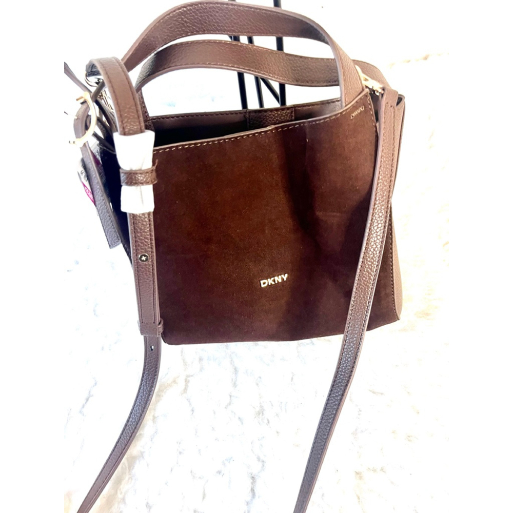 Nwt Dkny Miller Triple Compartment Crossbody Bag In Brown Suede And Leather